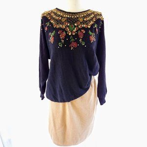 1980s Vintage Christmas Sweater, Black with Beaded Details, Size Medium